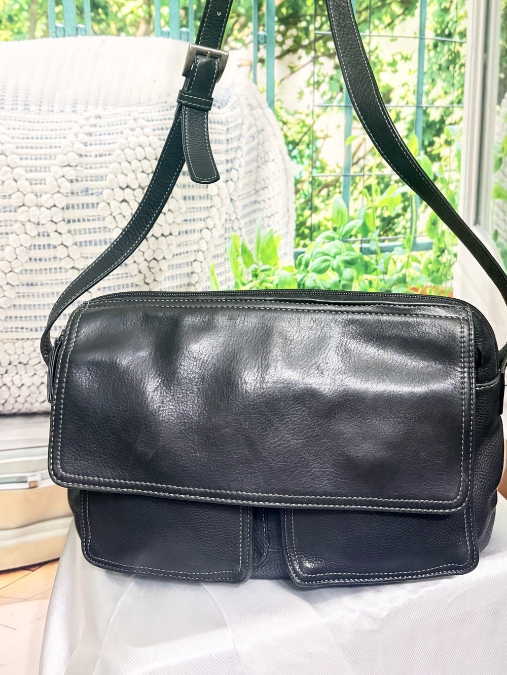 Tignanello Black Leather Shoulder Bag with White Stitching